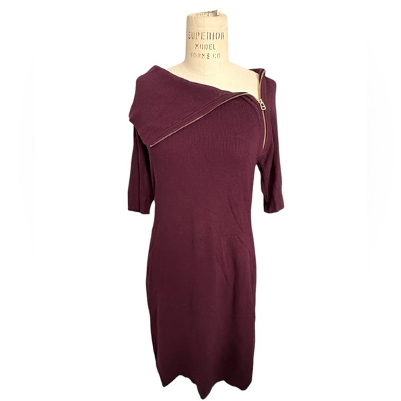 Calvin Klein Dresses & Skirts - Calvin Klein Zip Neck Burgundy Knit Dress Bodycon Business Work Going Out Size M